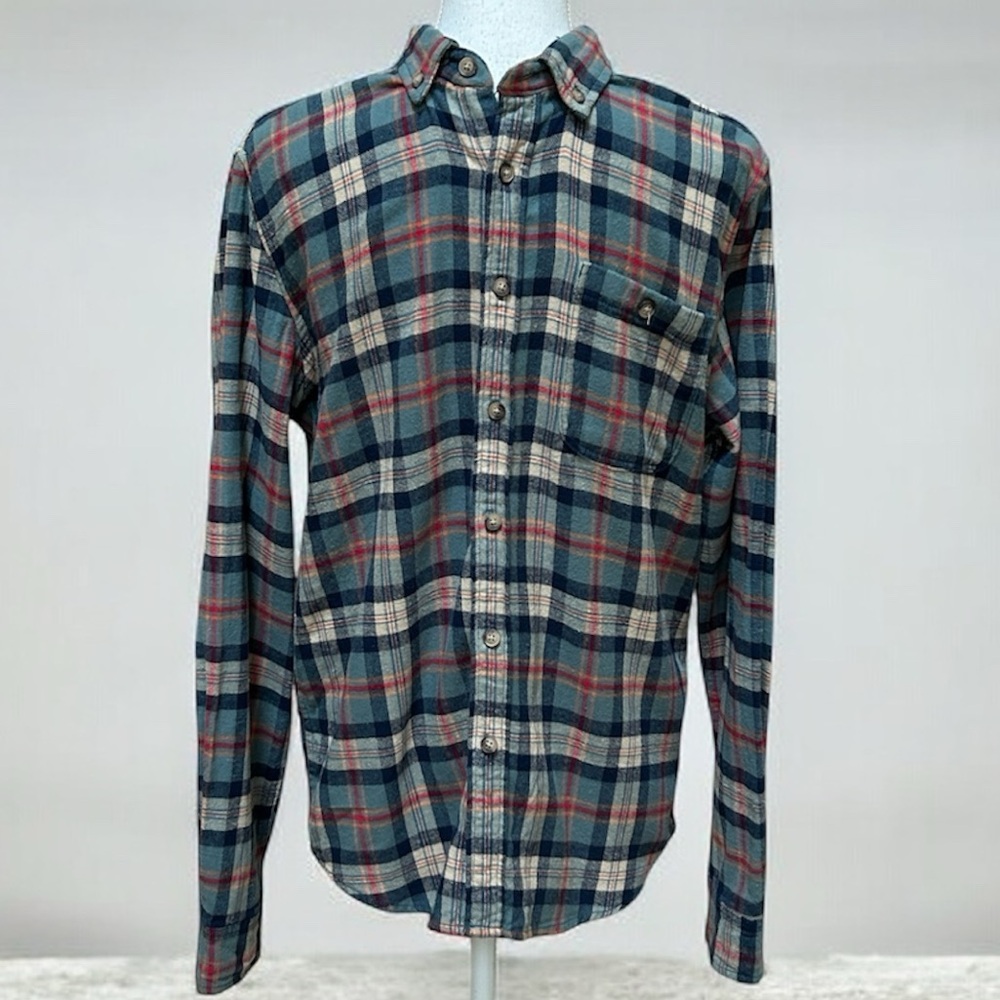 Vtg 90’s Mens Denim & Flower Soft Flannel Plaid Blue Red Tan Button Front Shirt